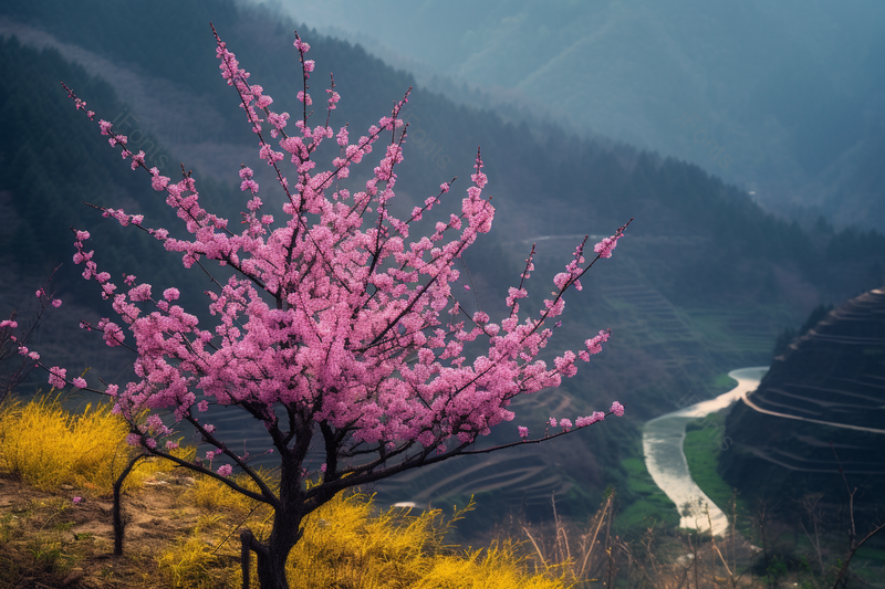 春天风景高山上一株桃树盛开桃花,高清,摄影图,摄影图片,图片大全,摄影图免费下载
